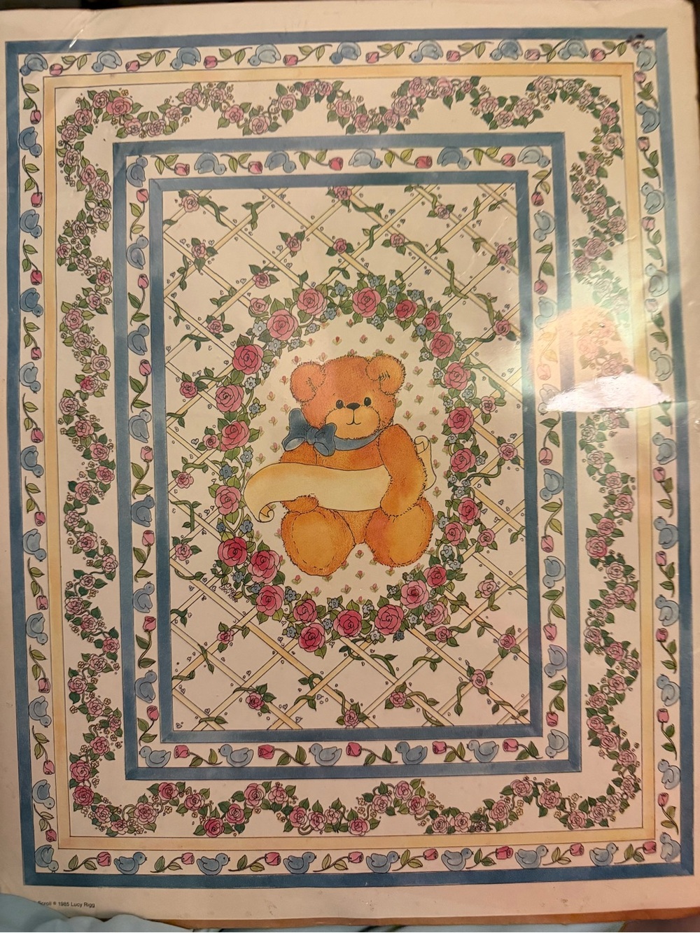 VintageTeddy with Scroll Bear Floral Nursery Wall Art 1985 Lucy Rigg OSP